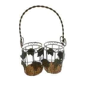 Metal & Wicker‎ Double Wine Bottle Basket with Handle & Grape Vine Motif
